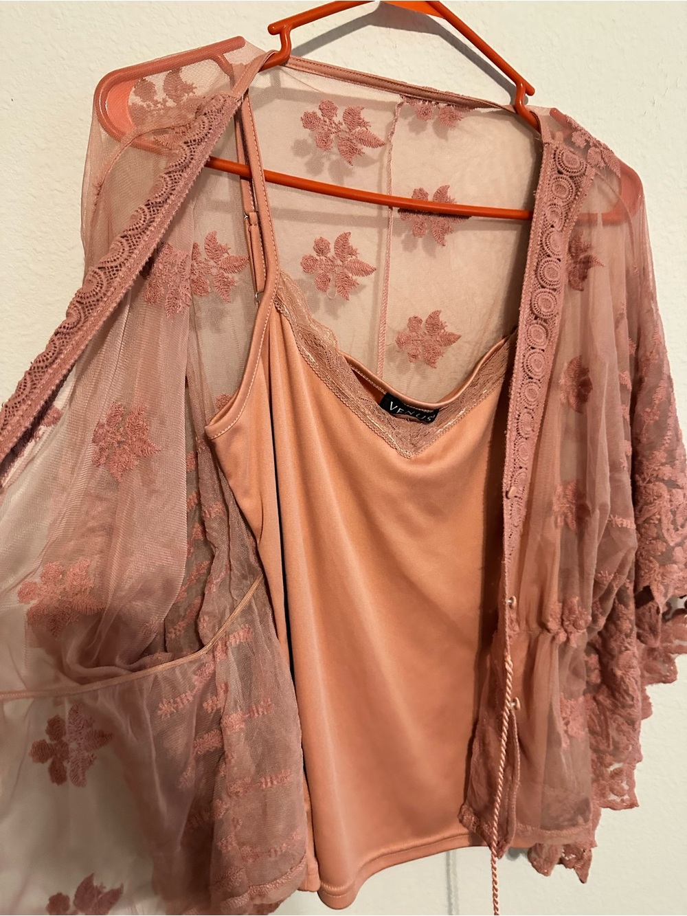 Venus two piece Sheer Embroidered Lace Kimono Top in Dusty Rose with camisole - Picture 3 of 4